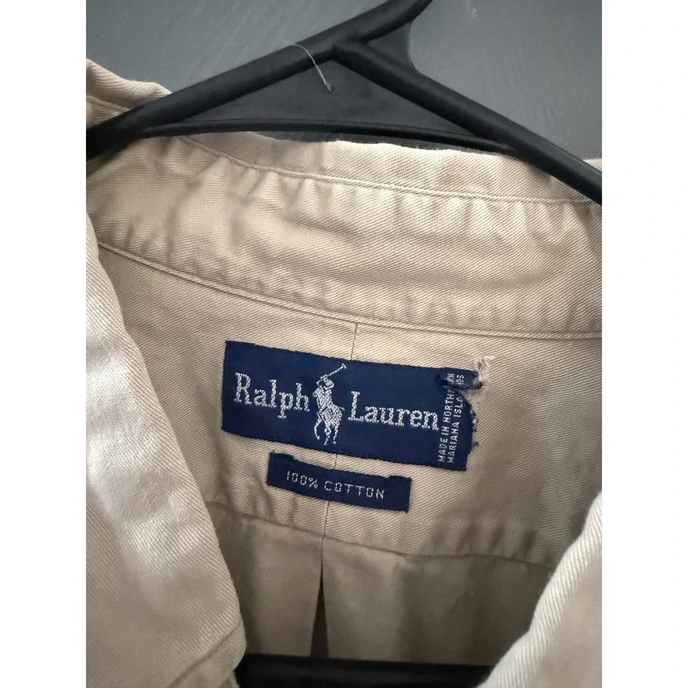 Polo Ralph Vtg Lauren Mens Tan Khaki Cotton Twill Button Down Shirt Long Sl XL
